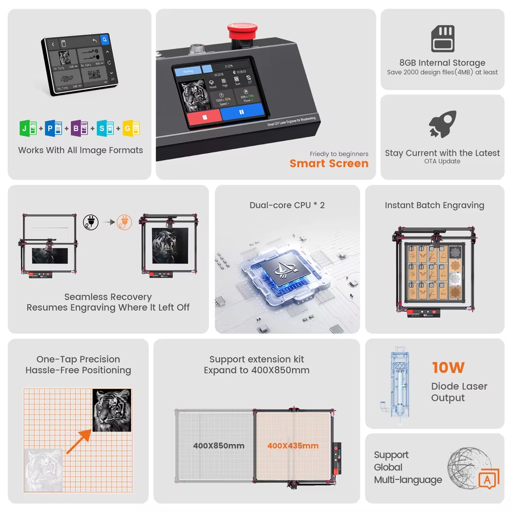 Laser Engraving Machine DIY KIT MK2 10W High Precision Laser Spot Cutting Machine 3.5Inch Touch Screen Laser Engraver