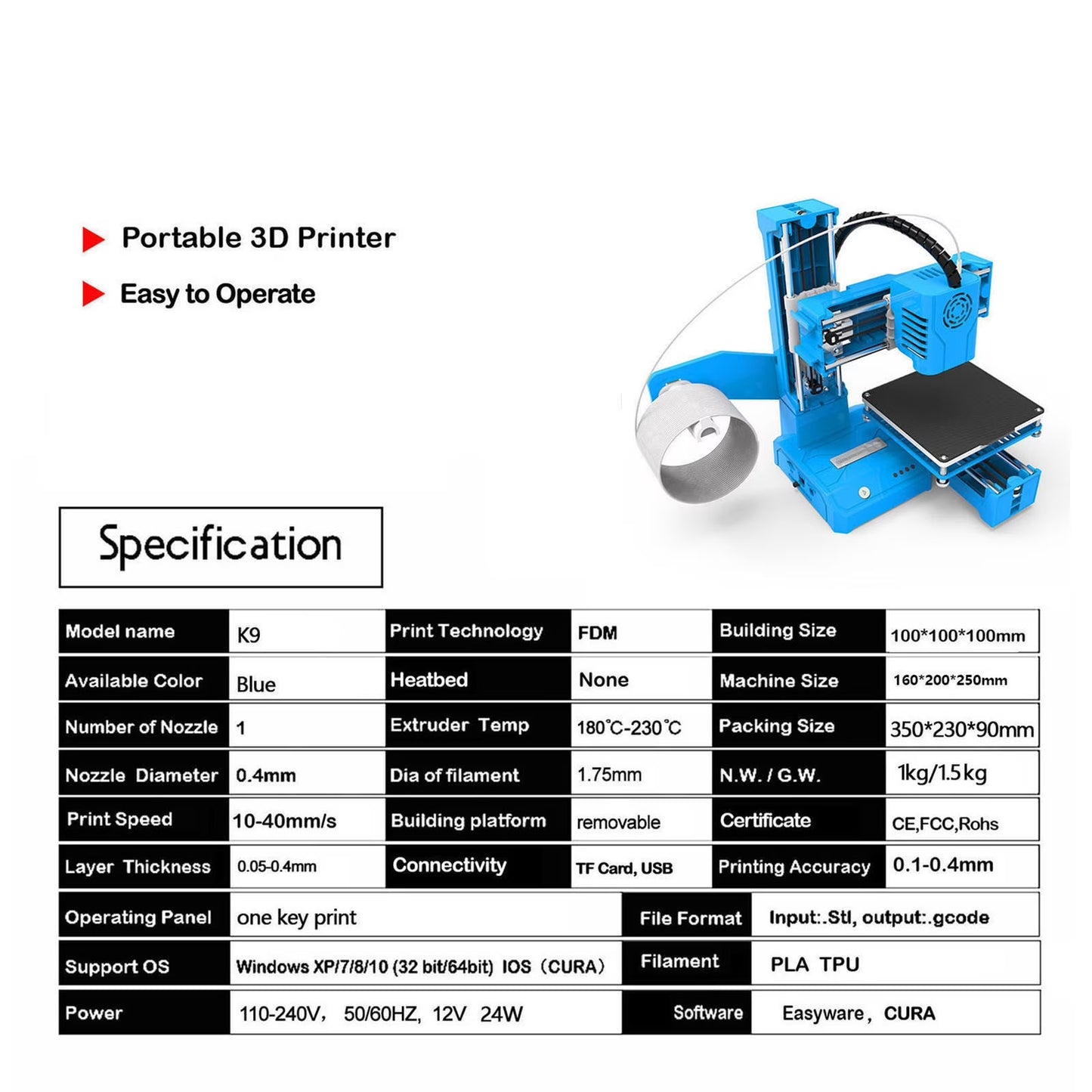 3D Printer Desktop Printing Machine 100X100X100Mm Print Size Removable Platform One-Key Printing with TF Card PLA Sample Filament